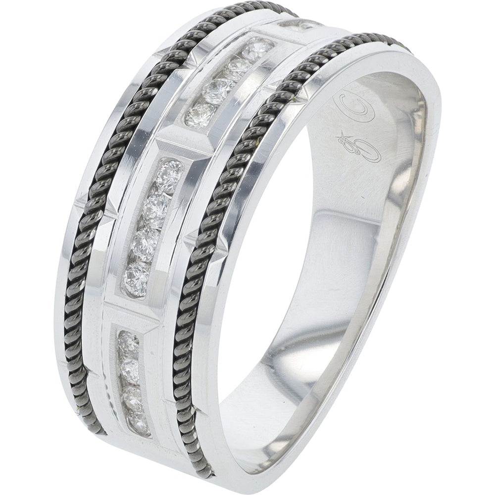 10K White Gold Architectural Band with Blackened Rope Detailing and Channel-Set Round Diamonds - 0.25 Carat Total Diamond Weight
