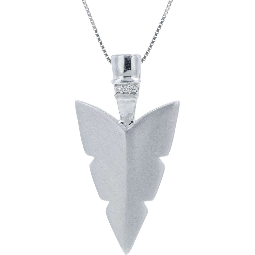10K White Gold Arrowhead Pendant with Matte Finish and Single Round Diamond Accent - 0.01 Carat Total Diamond Weight