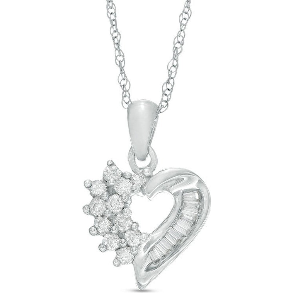 10K White Gold Asymmetric Heart Pendant with Prong Set Round and Channel Set Baguette Diamonds - 0.27 Carat Total Diamond Weight by Auriventus