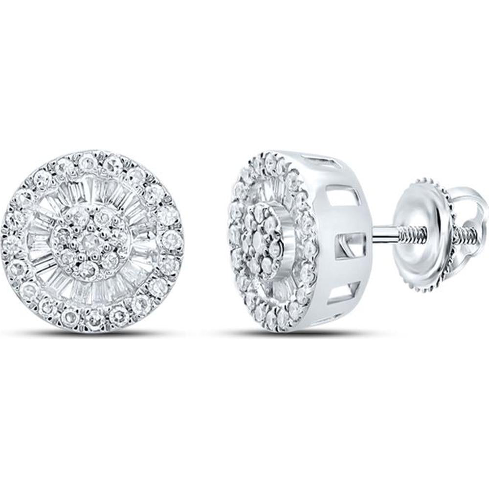 10K White Gold Baguette and Round Diamond Cluster Earrings - 1/3 Carat Total Diamond Weight