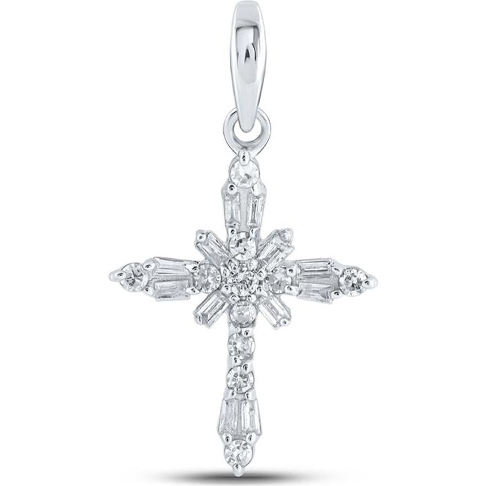 10K White Gold Baguette and Round Diamond Cross Pendant - 1/6 Carat Total Diamond Weight