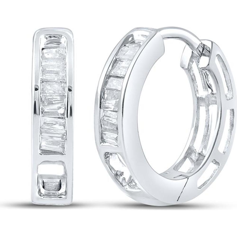 10K White Gold Baguette Diamond Huggie Hoop Earrings - 1/6 Carat Total Diamond Weight