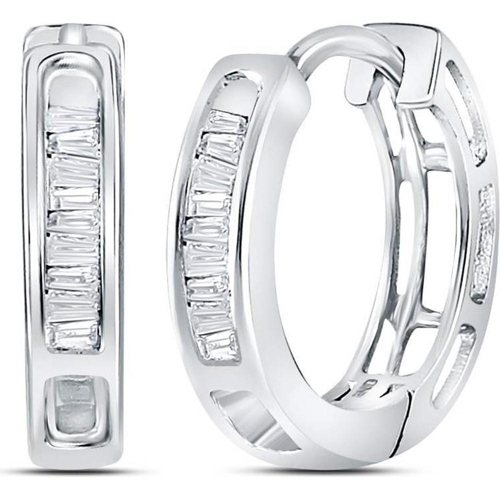 10K White Gold Baguette Diamond Huggie Hoop Earrings - 1/6 Carat Total Diamond Weight