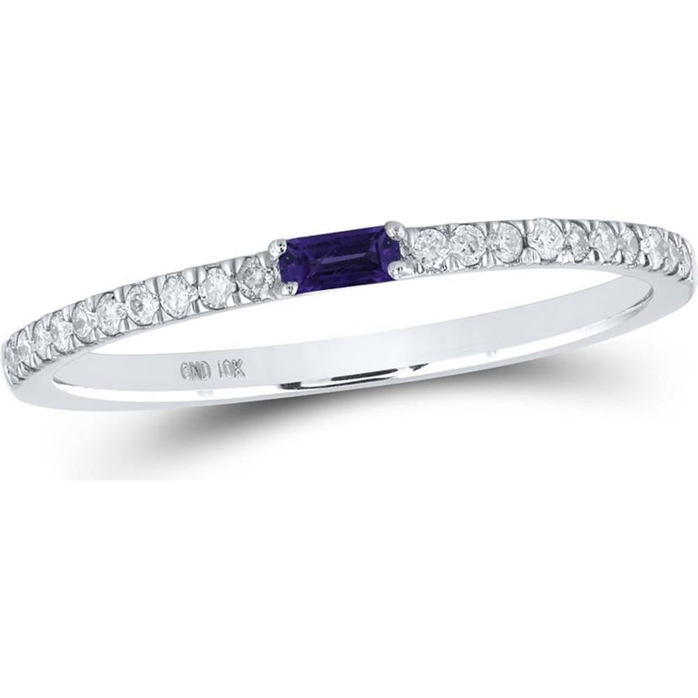 10K White Gold Band Ring with Baguette Amethyst and Round Diamonds - 1/5 Carat Total Gemstone Weight