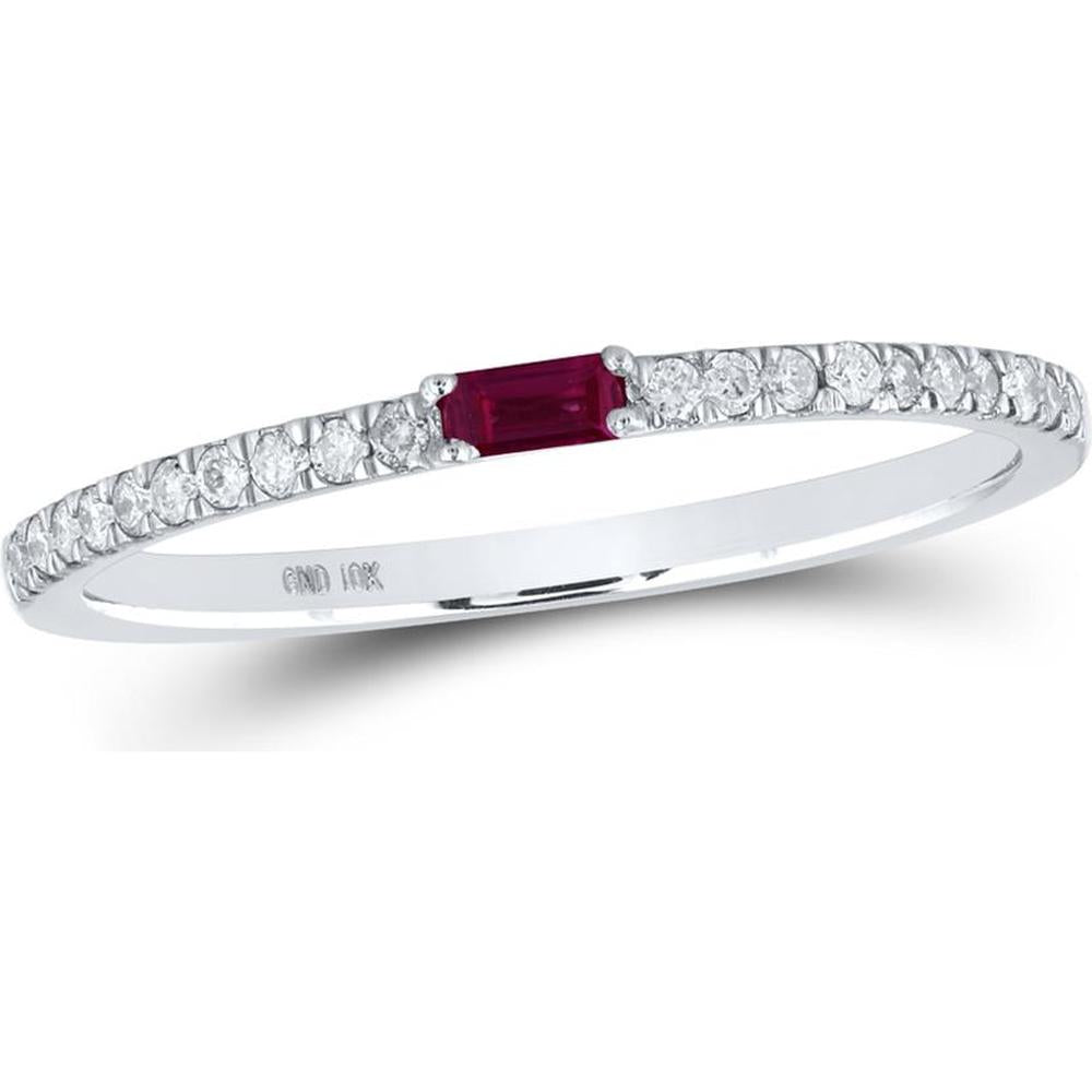 10K White Gold Band Ring with Baguette Ruby and Round Diamonds - 0.20 Carat Total Gemstone Weight