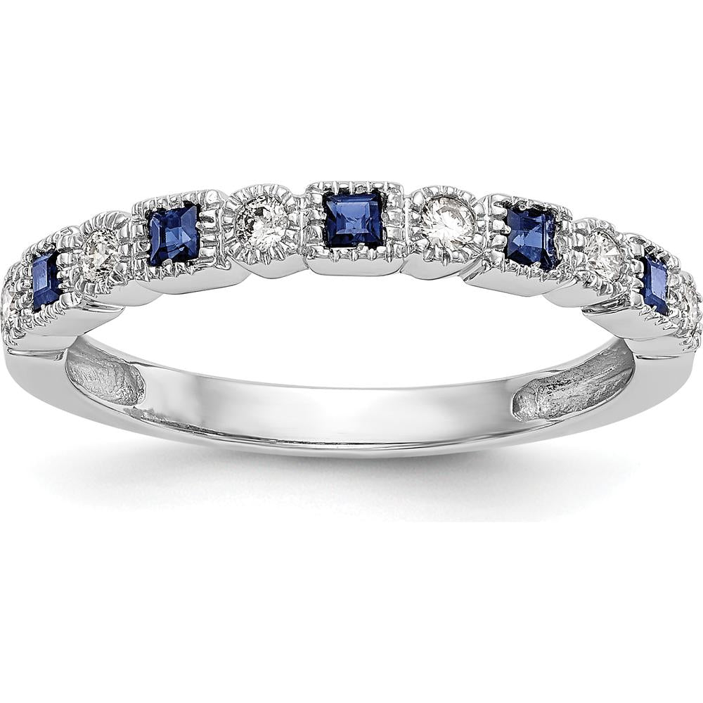 10K White Gold Band with Alternating Princess Cut Sapphires and Round Diamonds - 0.20 Carat Total Gemstone Weight by 0