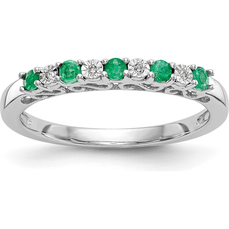 10K White Gold Band with Alternating Round Natural Emeralds (0.25 Carat Total) and Diamonds (0.012 Carat Total) by 0