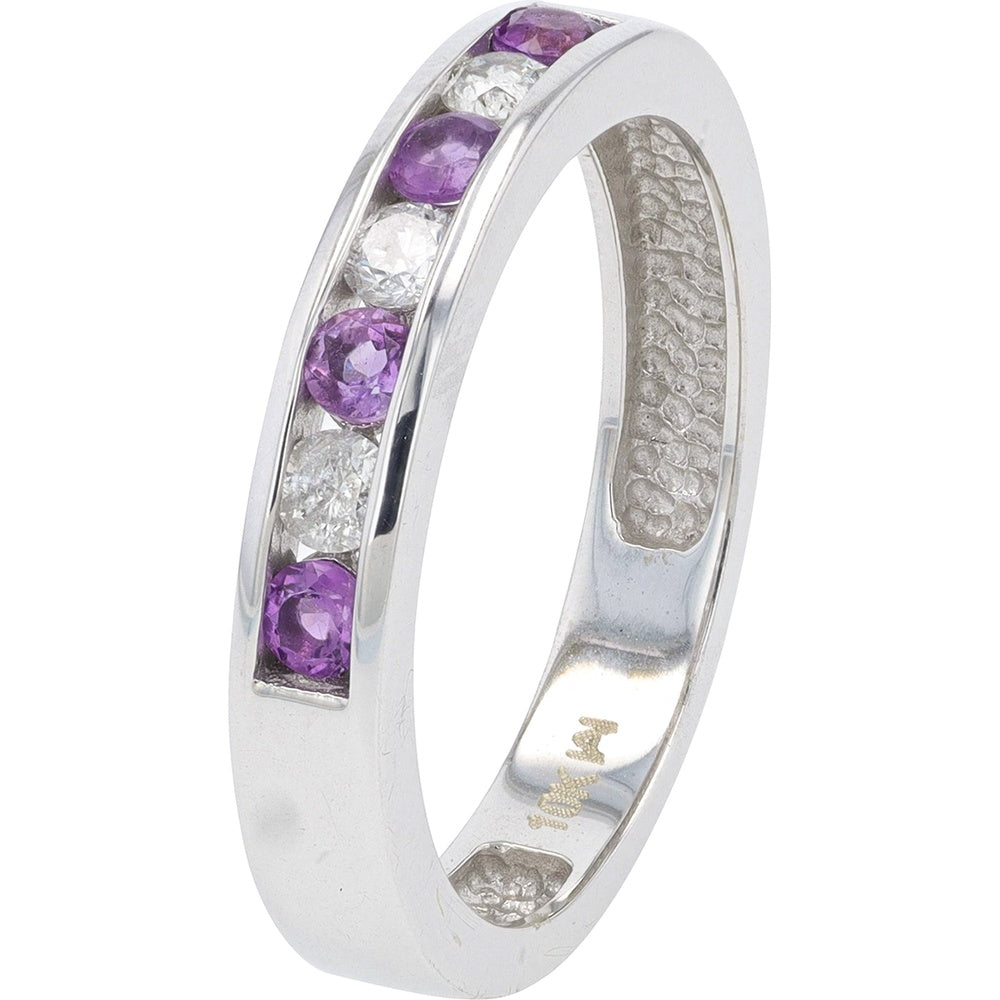 10K White Gold Band with Channel-Set Round Amethysts and Diamonds - 0.15 Carat Total Diamond Weight
