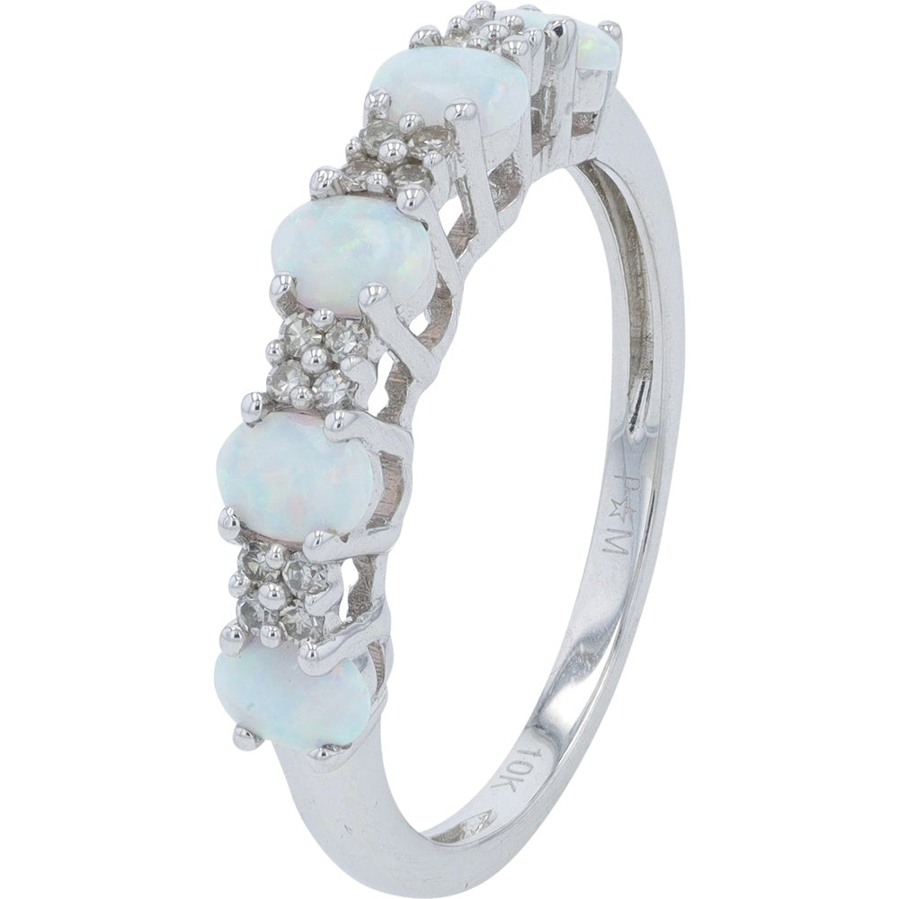 10K White Gold Band with Prong-Set Round Opals and Sparkling Accents - 0.10 Carat Total Opal Weight