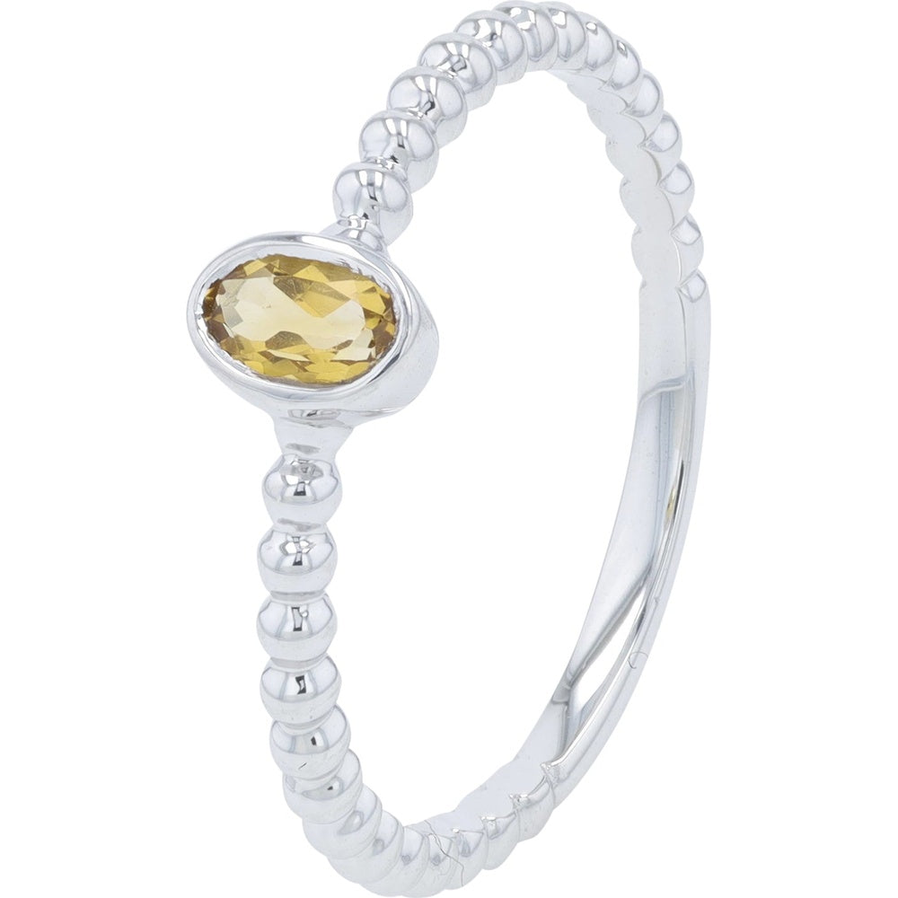 10K White Gold Beaded Band Ring with Bezel-Set Oval Citrine - 0.25 Carat Total Gem Weight
