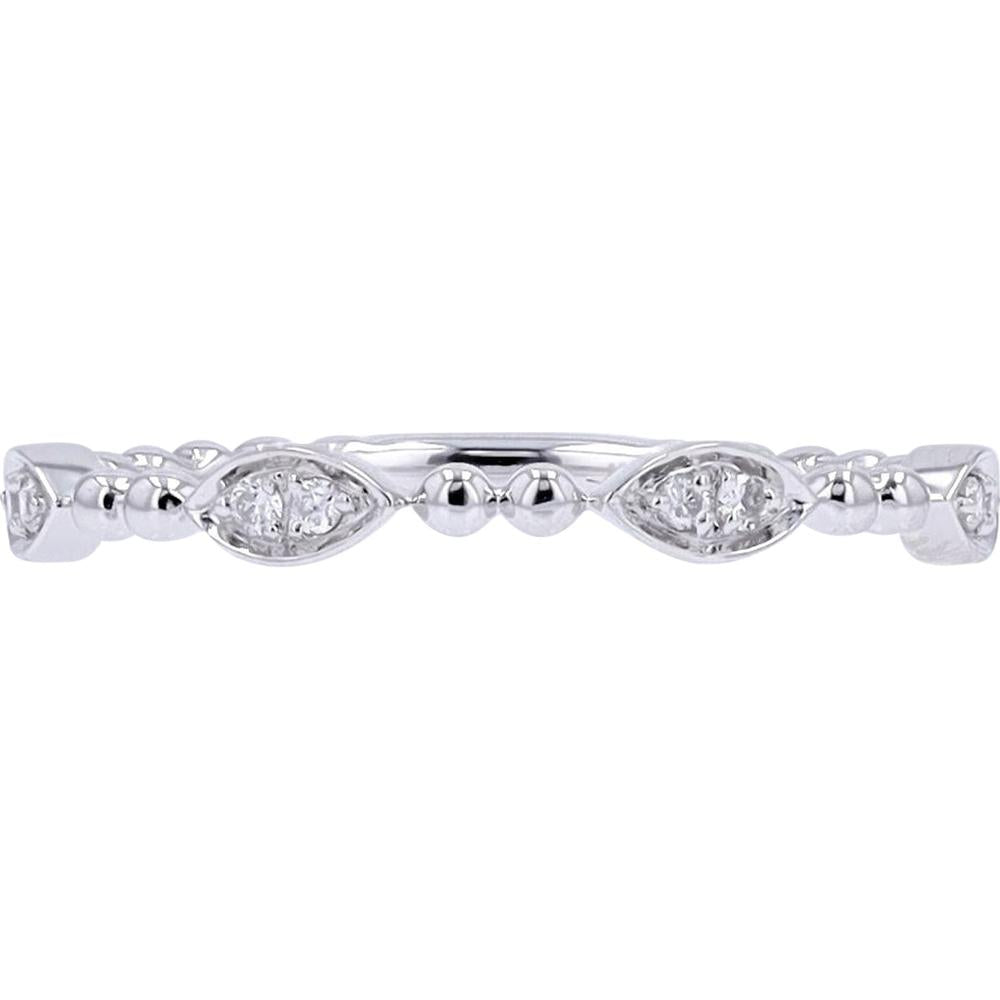 10K White Gold Beaded Band with Milgrain Marquise Diamond Accents - 0.06 Carat Total Diamond Weight