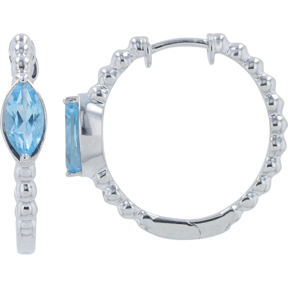 10K White Gold Beaded Hoop Earrings with Marquise-Cut Blue Topaz - 0.30 Carat Total Gem Weight