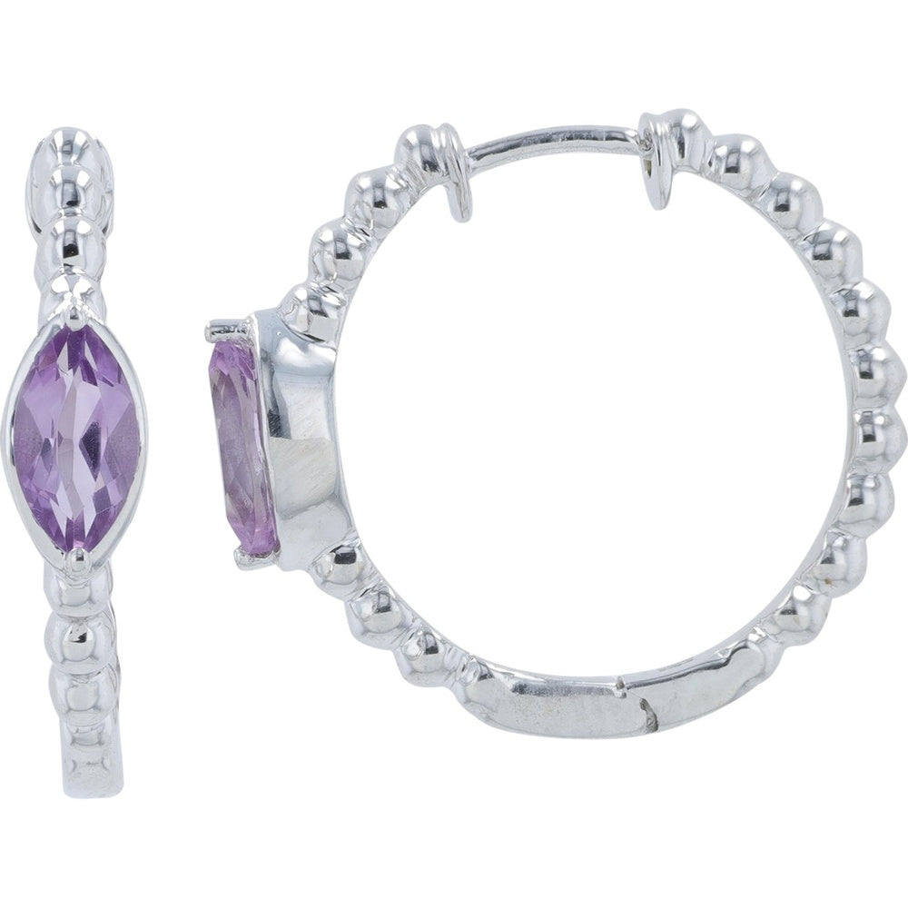 10K White Gold Beaded Huggie Hoop Earrings with Marquise-Cut Amethyst - 0.30 Carat Total Gemstone Weight