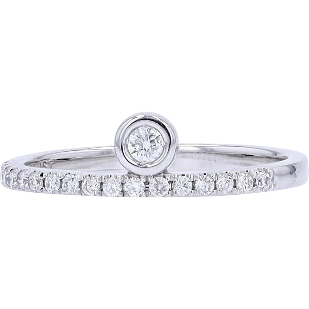 10K White Gold Bezel-Set Round Diamond Solitaire Ring with Pavé Diamond Band - 0.20 Carats Total Diamond Weight