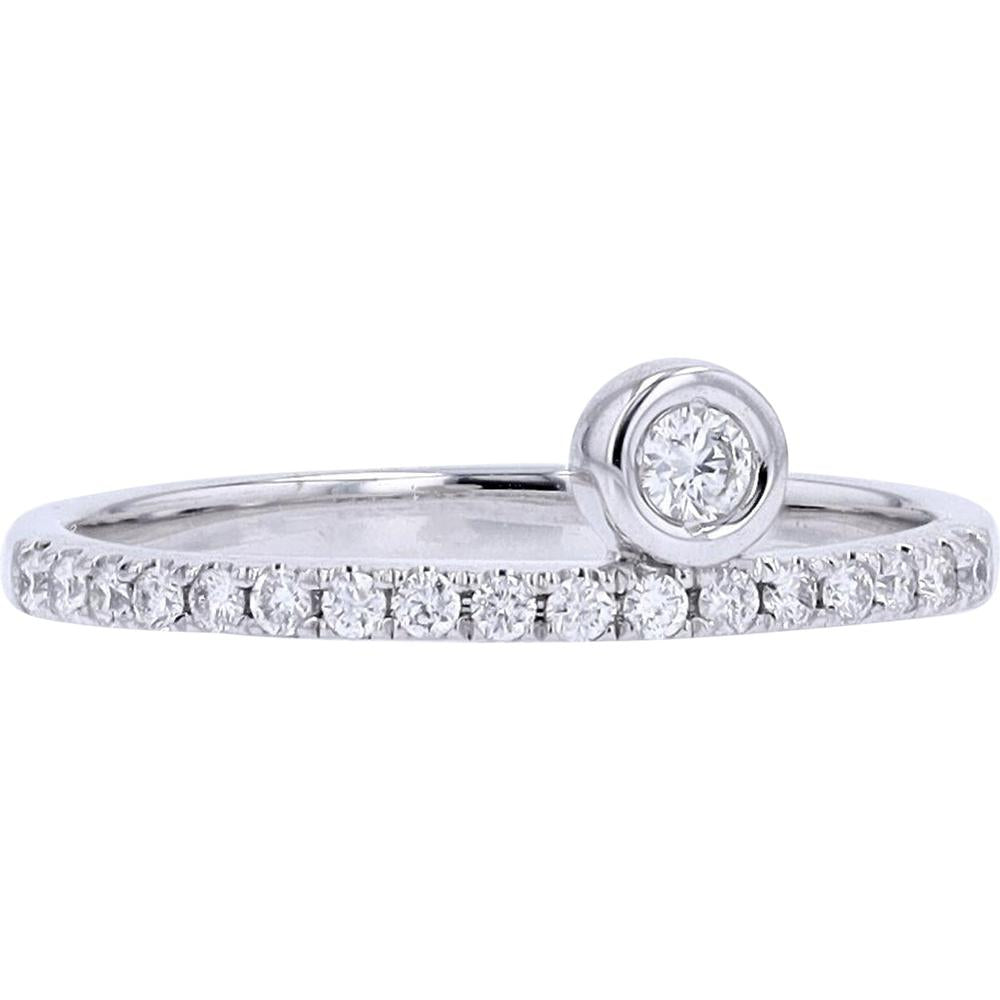 10K White Gold Bezel-Set Round Diamond Solitaire Ring with Pavé Diamond Band - 0.20 Carats Total Diamond Weight