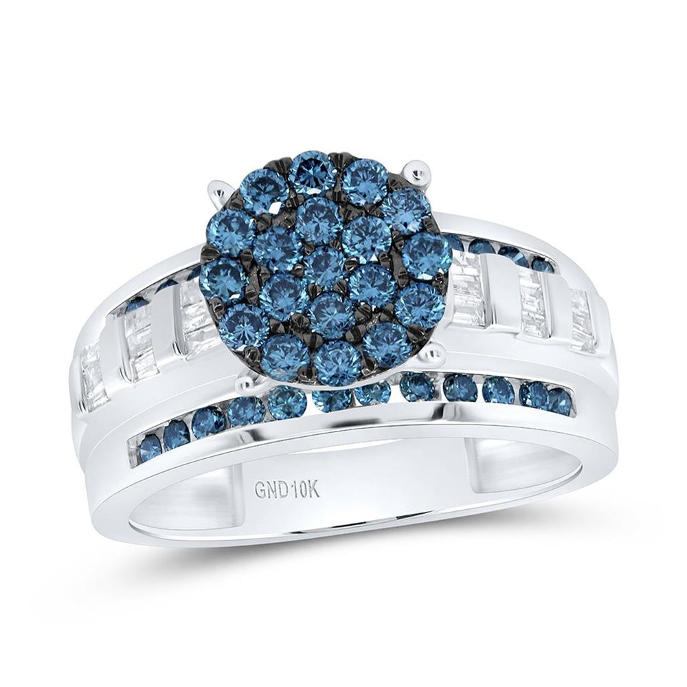 10K White Gold Blue and White Natural Diamond Cluster Fashion Ring with Round and Baguette Diamonds - 1 Carat Total Diamond Weight
