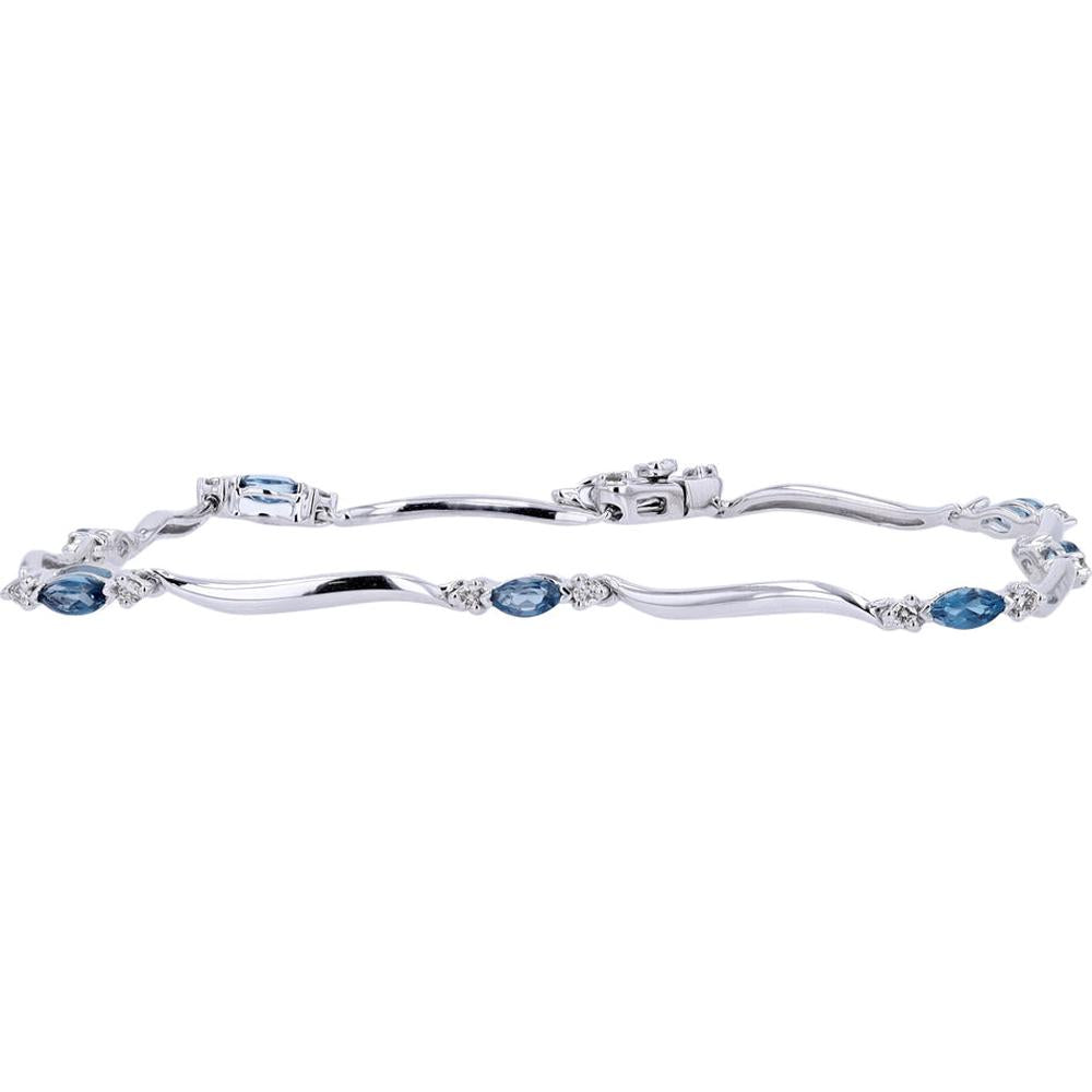 10K White Gold Bracelet with Marquise-Cut London Blue Topaz and Diamond Accents - 0.62 Carat Total Topaz, 0.14 Carat Diamond