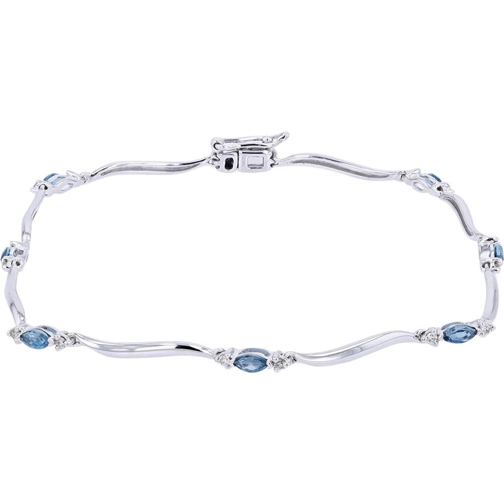 10K White Gold Bracelet with Marquise-Cut London Blue Topaz and Diamond Accents - 0.62 Carat Total Topaz, 0.14 Carat Diamond