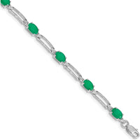 10K White Gold Bracelet with Oval Emeralds and Diamond Accents - 7.25 inches by Oro Pregiato