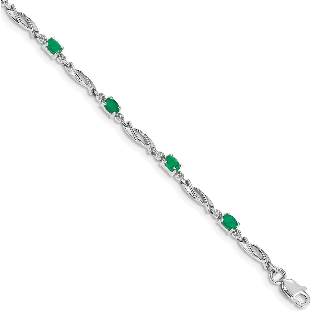 10K White Gold Bracelet with Oval Emeralds and Diamonds - 7.25 inches by Oro Pregiato