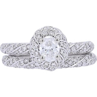 10K White Gold Bridal Set with 3/8 Carats Oval Diamond Center and Pave Accents - 1.00 Carats Total Diamond Weight