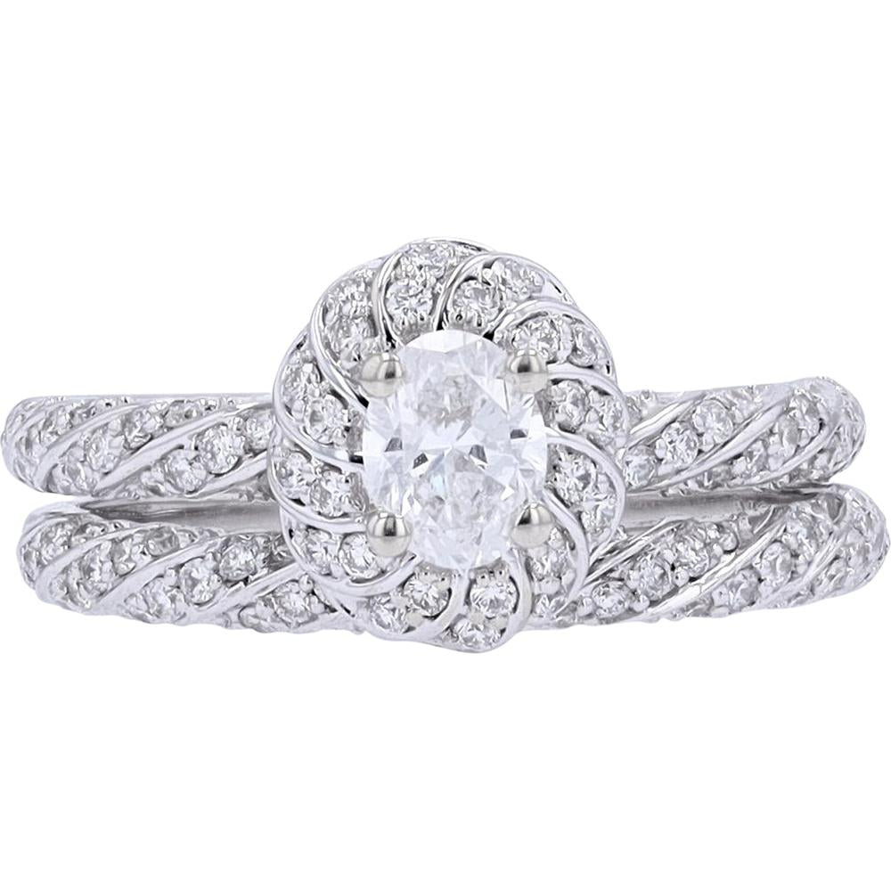 10K White Gold Bridal Set with 3/8 Carats Oval Diamond Center and Pave Accents - 1.00 Carats Total Diamond Weight