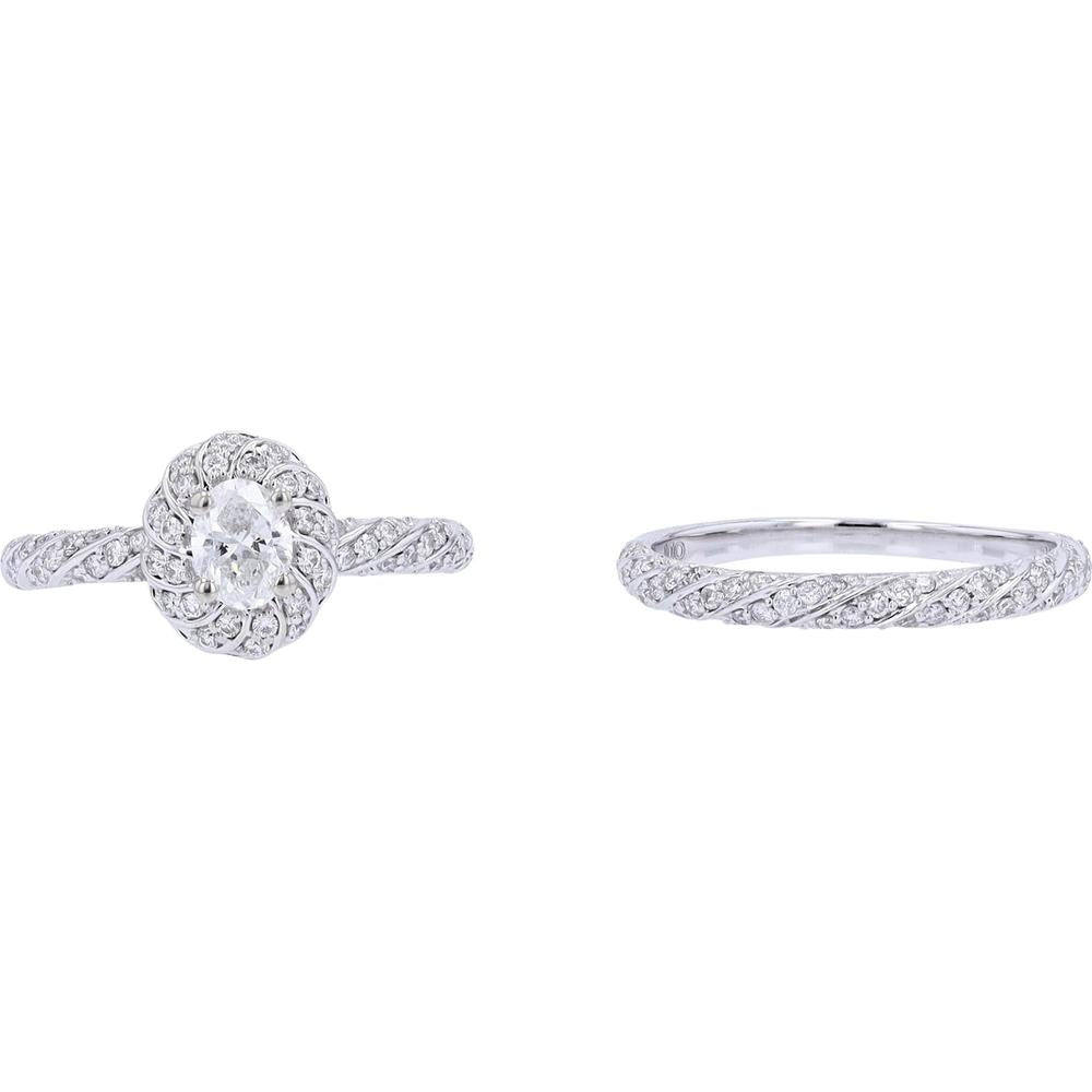 10K White Gold Bridal Set with 3/8 Carats Oval Diamond Center and Pave Accents - 1.00 Carats Total Diamond Weight