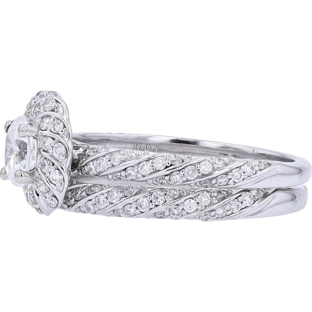 10K White Gold Bridal Set with 3/8 Carats Oval Diamond Center and Pave Accents - 1.00 Carats Total Diamond Weight