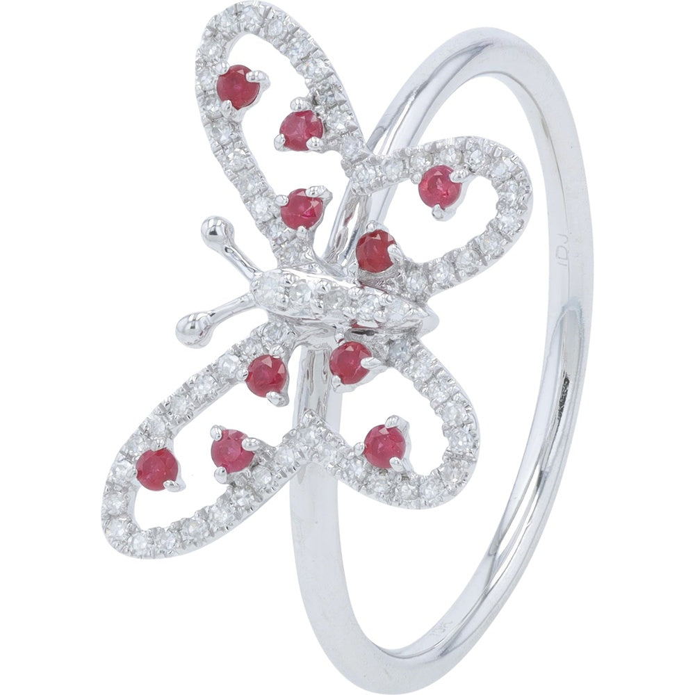 10K White Gold Butterfly Motif Ring with Pavé Set Round Diamonds and Round Rubies - 0.10 Carat Total Diamond Weight
