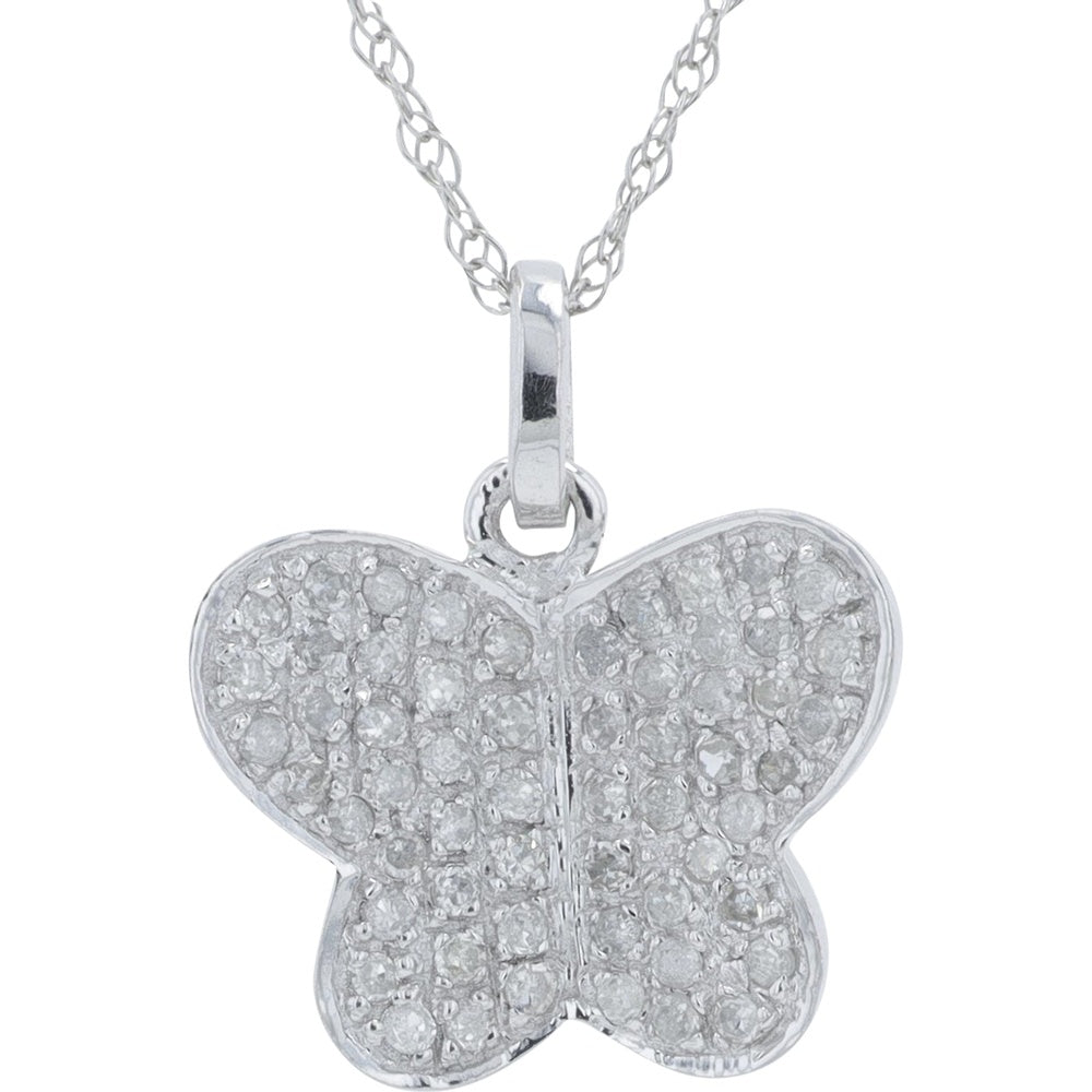 10K White Gold Butterfly Pendant with Pave-Set Round Diamonds - 0.20 Carat Total Diamond Weight