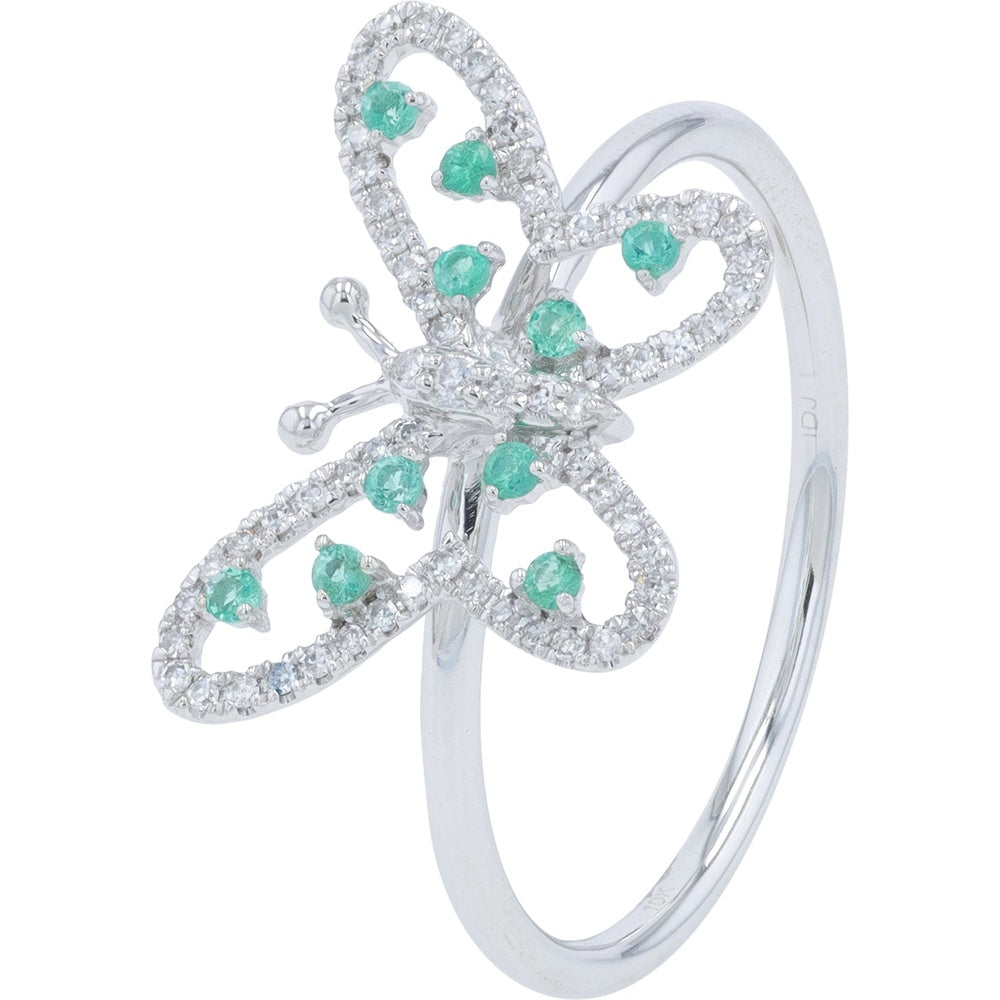 10K White Gold Butterfly Ring with Pavé Diamonds and Round Emeralds - 0.10 Carat Total Diamond Weight and 0.08-0.20 Carat Total Emerald Weight