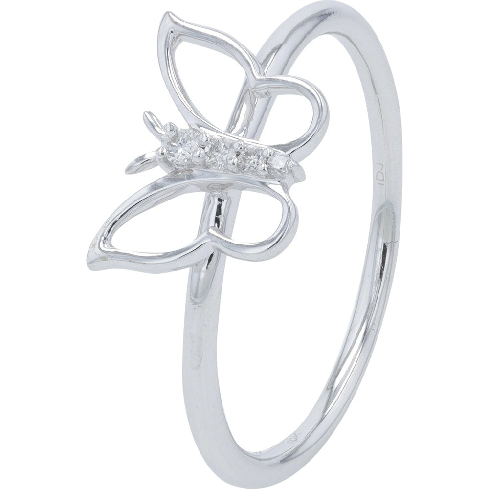 10K White Gold Butterfly Ring with Prong-Set Round Diamonds - 0.04 Carat Total Diamond Weight