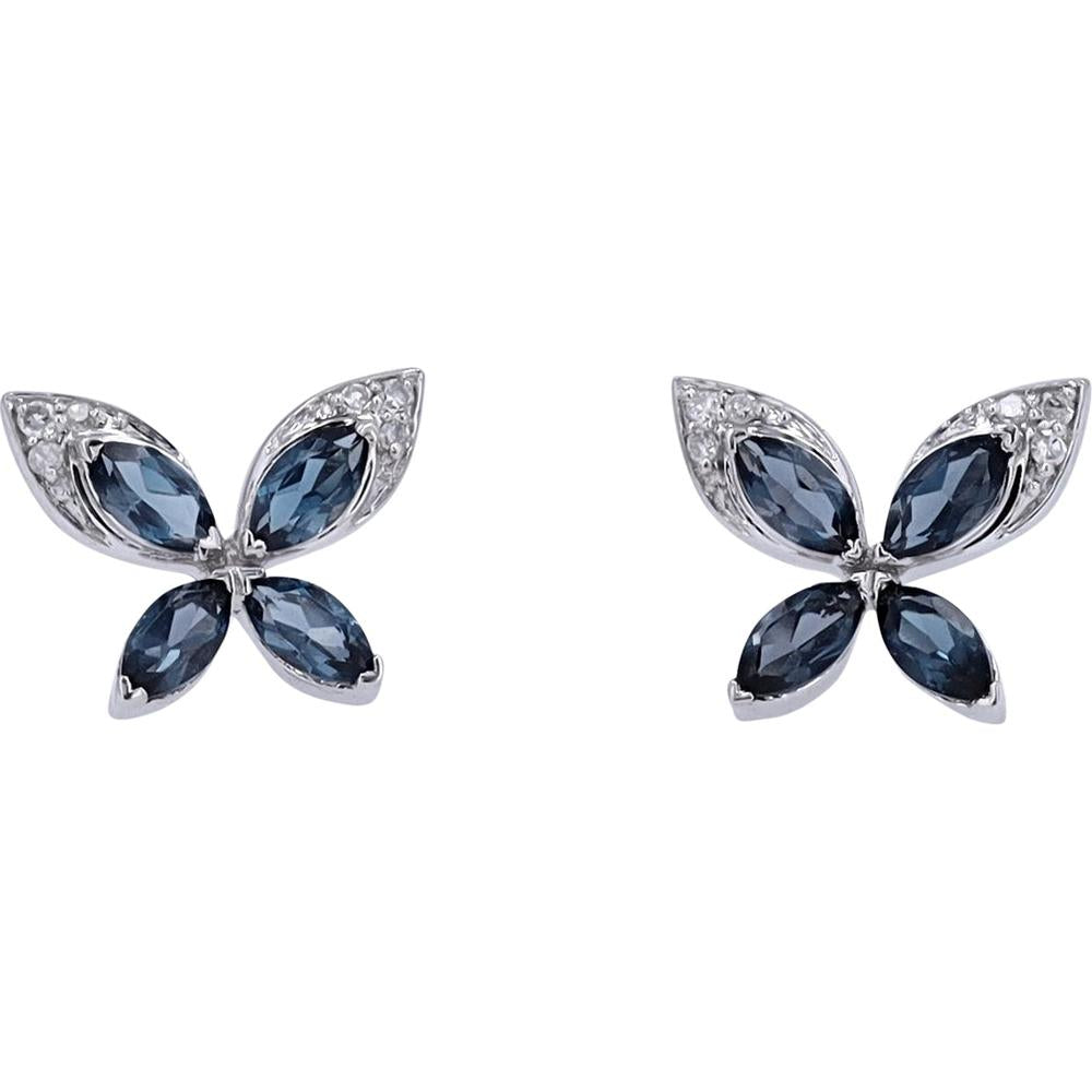 10K White Gold Butterfly Stud Earrings with London Blue Topaz and Diamond Accents - 0.04 Carats Total Diamond Weight