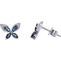 10K White Gold Butterfly Stud Earrings with London Blue Topaz and Diamond Accents - 0.04 Carats Total Diamond Weight