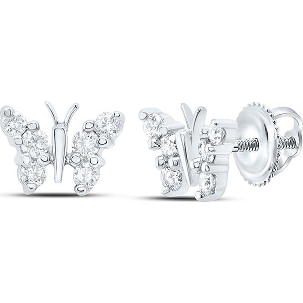 10K White Gold Butterfly Stud Earrings with Pave-Set Round Diamonds - 1/5 Carat Total Diamond Weight