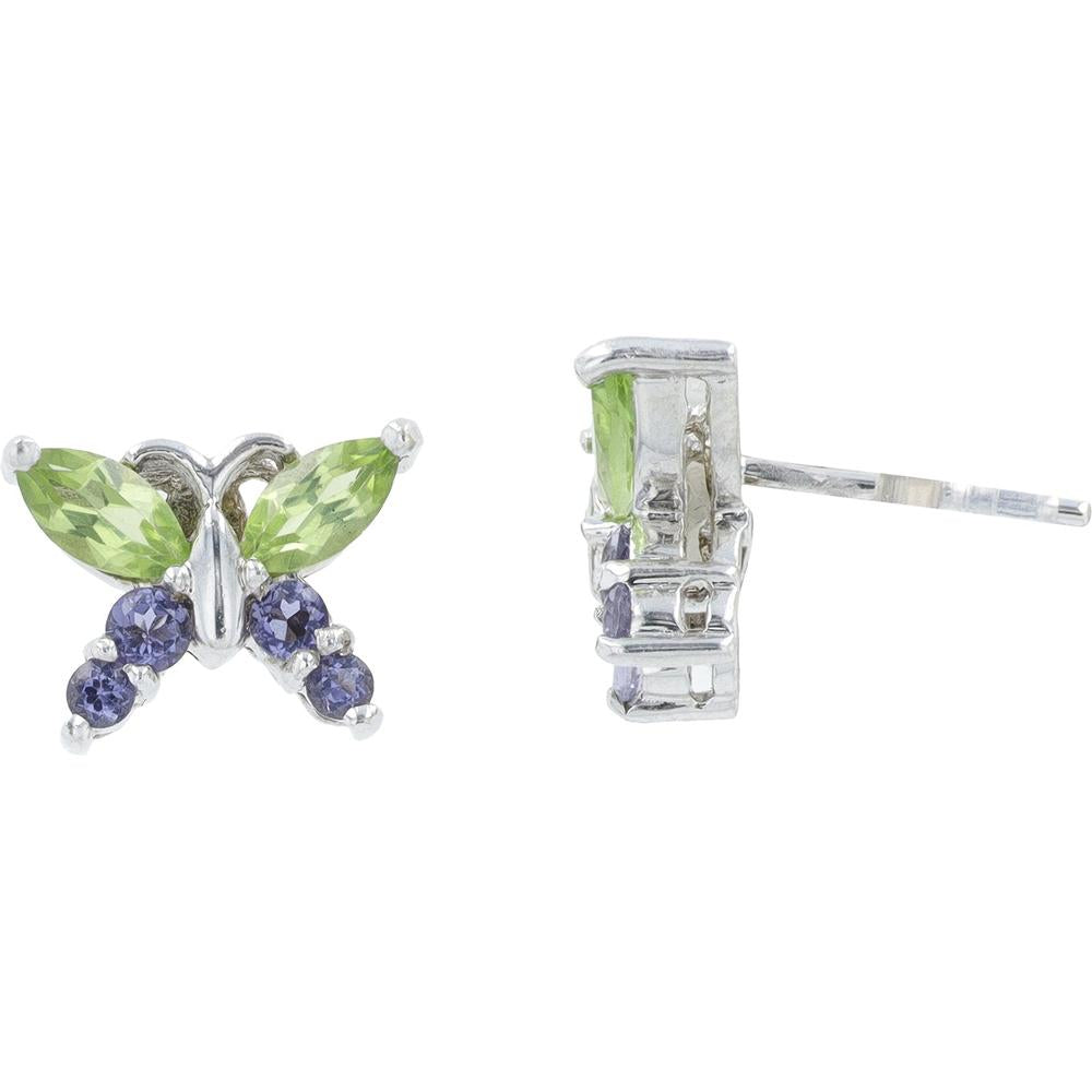 10K White Gold Butterfly Stud Earrings with Peridot & Iolite - 0.50 Carat Total Gem Weight