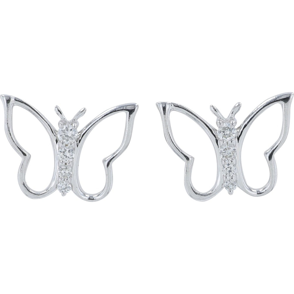 10K White Gold Butterfly Stud Earrings with Prong-Set Round Diamonds - 0.08 Carat Total Diamond Weight