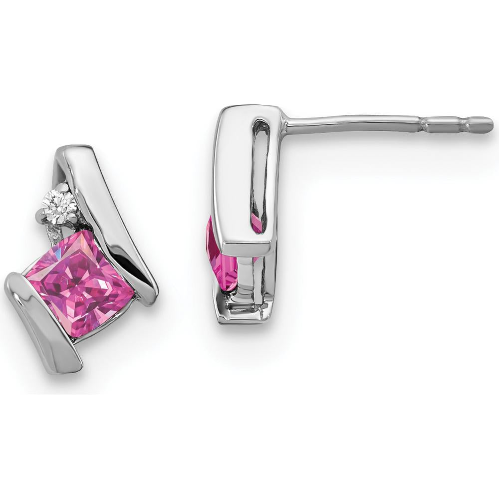 10K White Gold Button Earrings with Cushion Cut Pink Sapphires and Round Diamonds - 0.64 Carat Total Gem Weight by Oro Pregiato