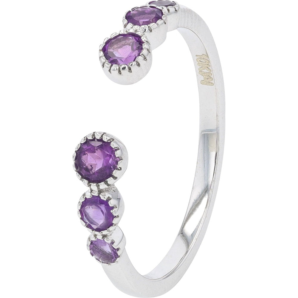 10K White Gold Bypass Cuff Ring with Crown-Set Round Amethysts