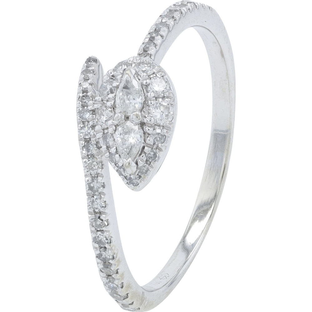 10K White Gold Bypass Ring with Marquise Halo Diamond Center and Milgrain Detail - 0.33 Carat Total Diamond Weight