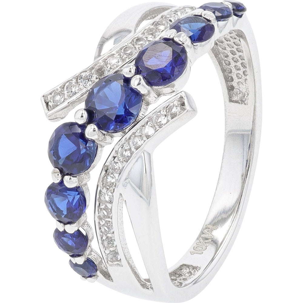 10K White Gold Bypass Ring with Oval Created Sapphires and Pavé Set Diamond Accents - 0.12 Carat Total Diamond Weight