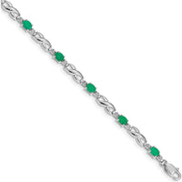 10K White Gold Cable Link Bracelet with Oval Emeralds and Round Diamonds - 0.22 Carats Total Emerald Weight, 0.005 Carats Total Diamond Weight by Monteluci Fine Jewelry