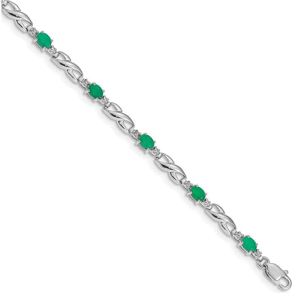 10K White Gold Cable Link Bracelet with Oval Emeralds and Round Diamonds - 0.22 Carats Total Emerald Weight, 0.005 Carats Total Diamond Weight by Monteluci Fine Jewelry