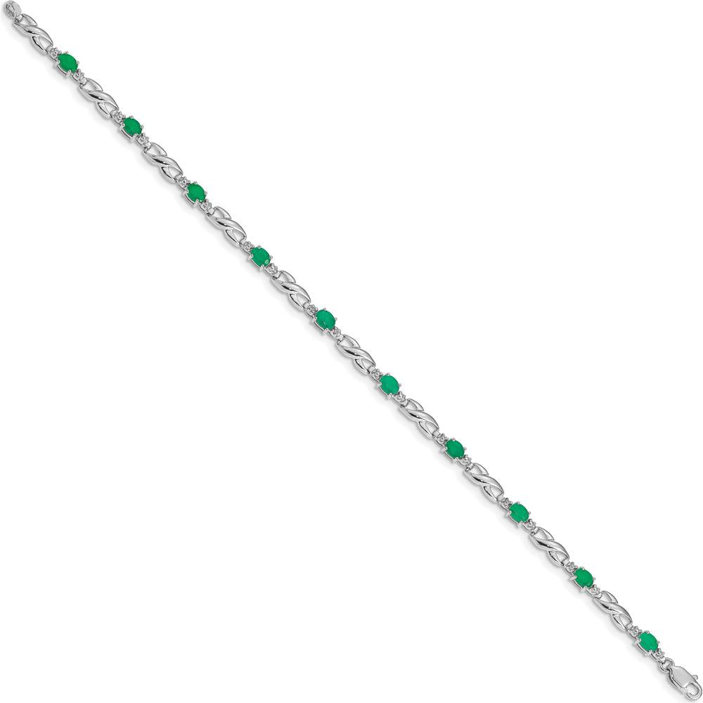 10K White Gold Cable Link Bracelet with Oval Emeralds and Round Diamonds - 0.22 Carats Total Emerald Weight, 0.005 Carats Total Diamond Weight by Monteluci Fine Jewelry