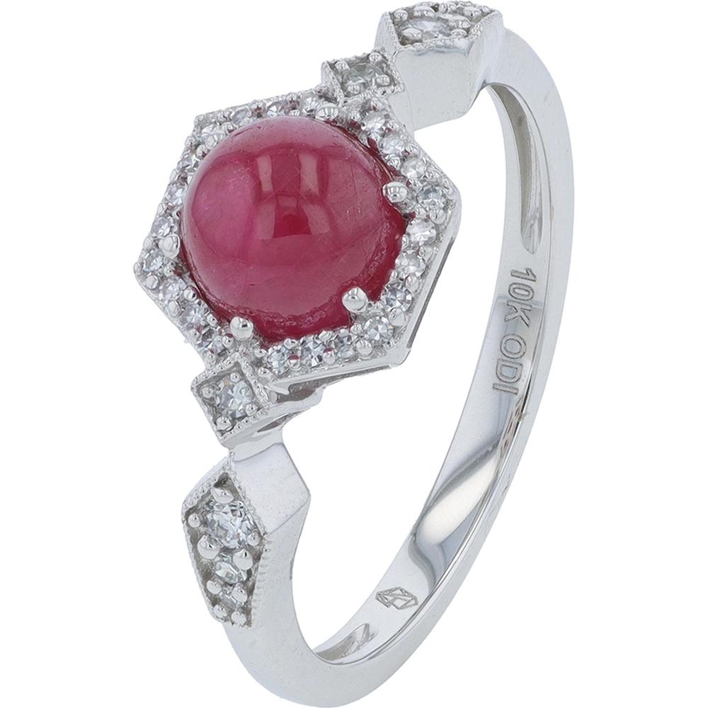 10K White Gold Cabochon Ruby Ring with Diamond Accent - 1.42 Carats Total Ruby Weight, 0.14 Carats Total Diamond Weight