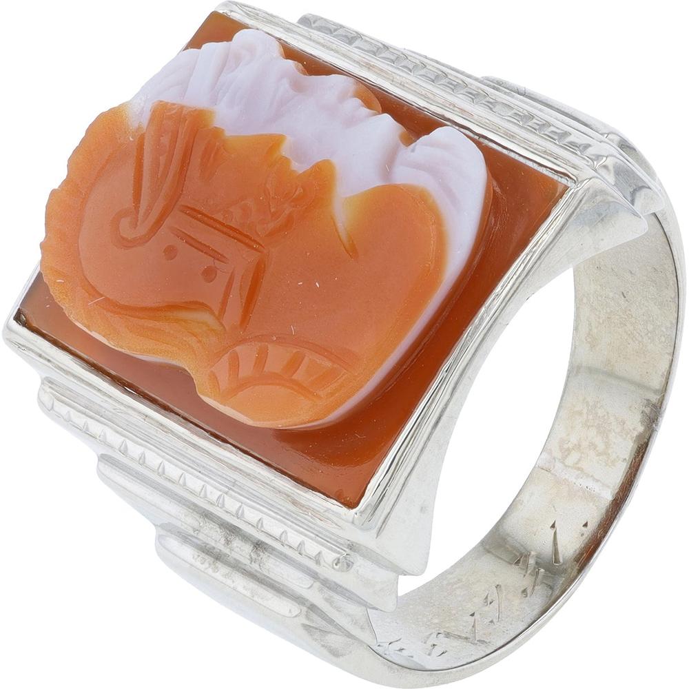 10K White Gold Cameo Gents Ring with Agate Carving