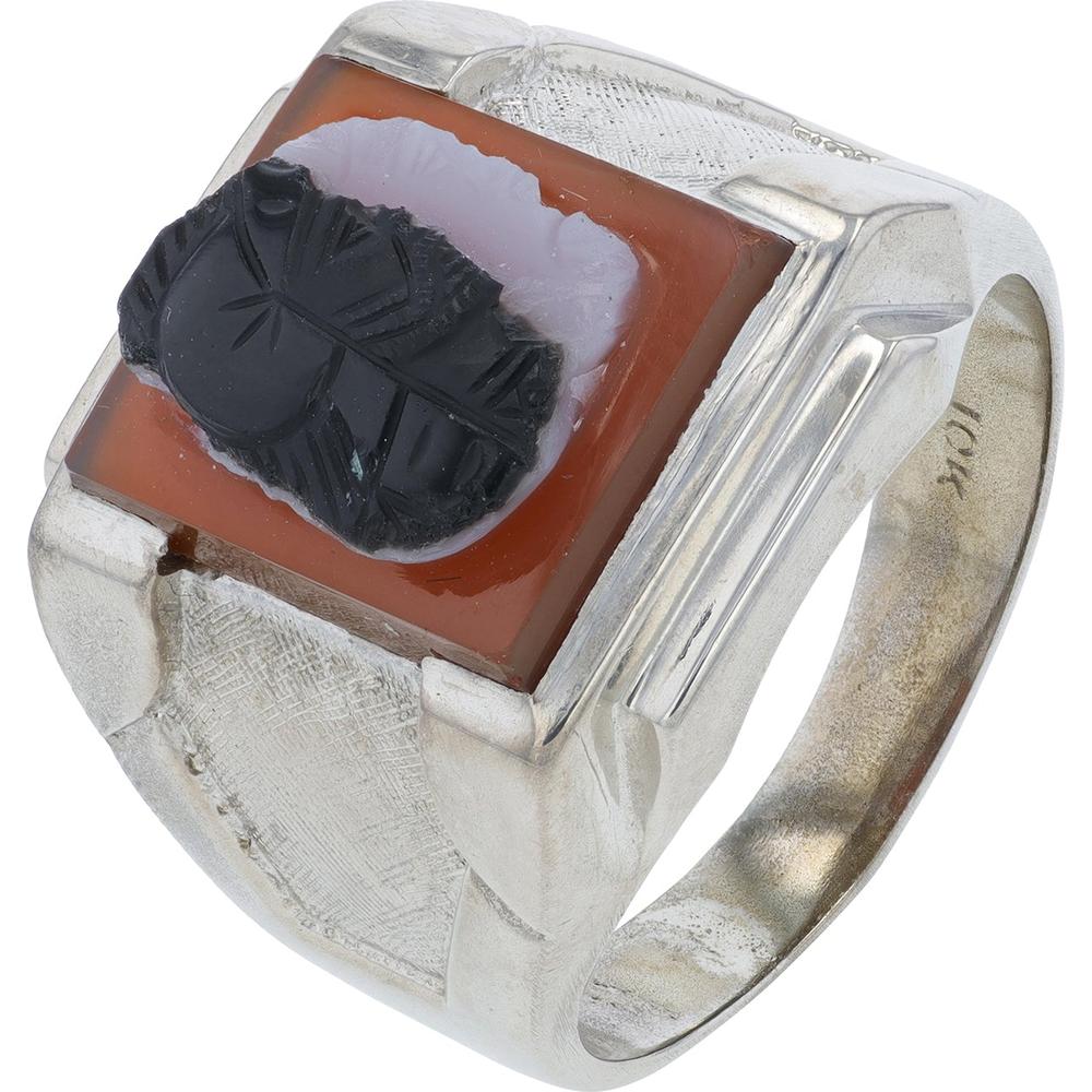 10K White Gold Cameo Gents Ring with Carved Black Onyx and Carnelian Stone