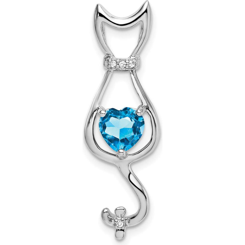 10K White Gold Cat Pendant with Swiss Blue Topaz Heart and Round Diamonds - 0.99 Carat Total Gemstone Weight by Lumare Gioia