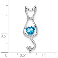 10K White Gold Cat Pendant with Swiss Blue Topaz Heart and Round Diamonds - 0.99 Carat Total Gemstone Weight by Lumare Gioia