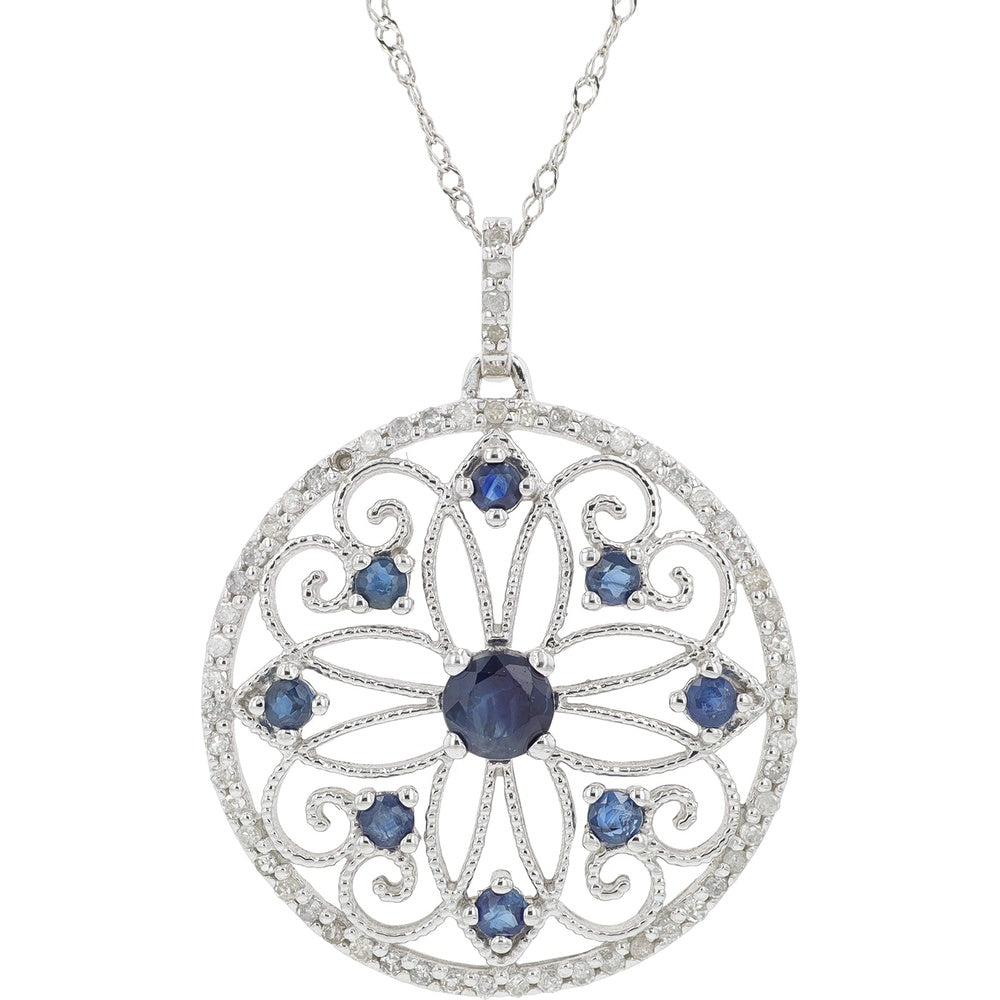10K White Gold Celestial Openwork Pendant with 0.75 Carat Round Blue Sapphires and 0.30 Carat Diamond Accents